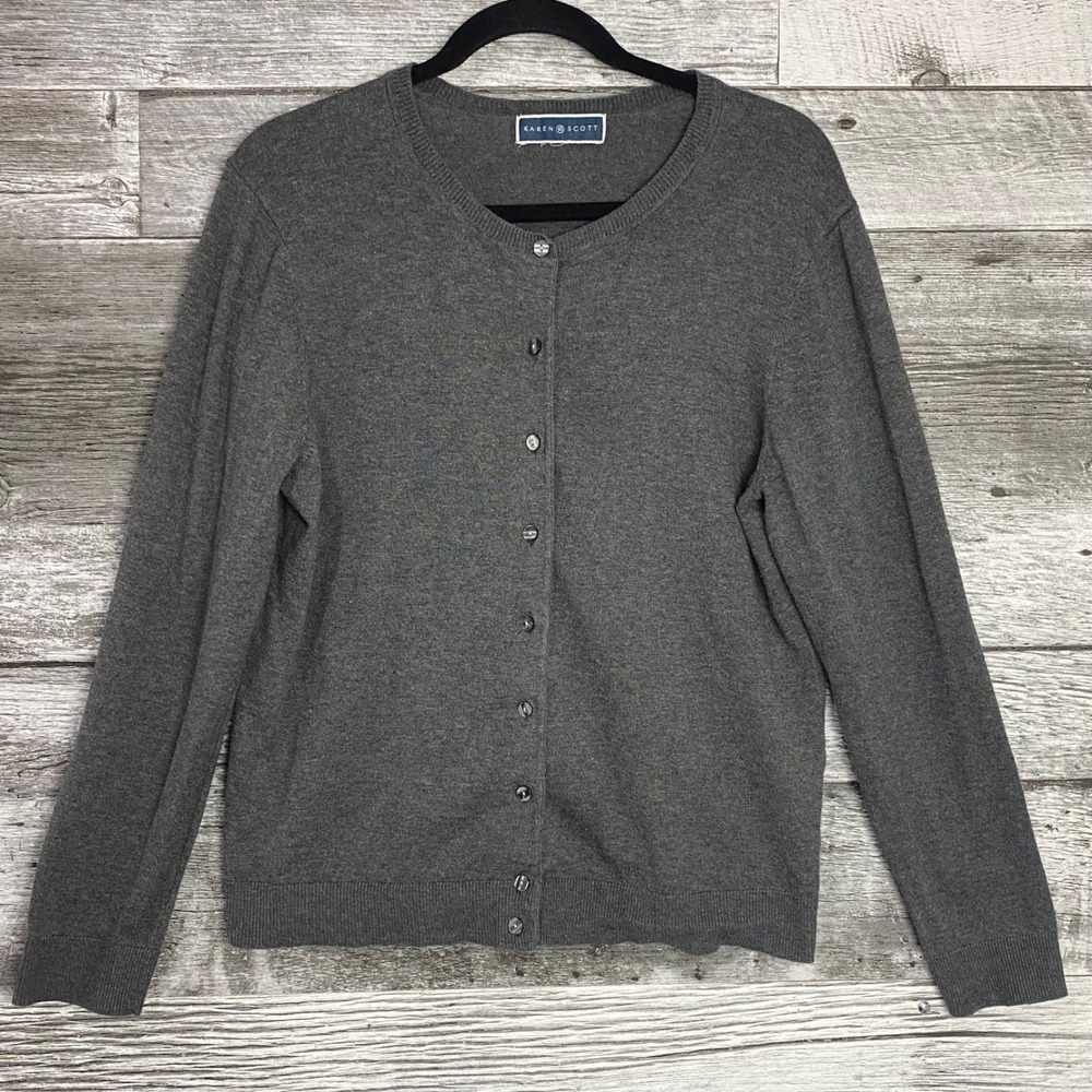 Karen Scott Charcoal Gray Crewneck Button Cardigan Sweater Women's Size Large L